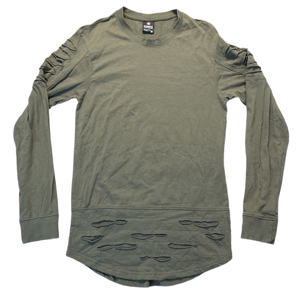 Y2K SOUTHPOLE men's distressed olive green longsleeve tee, medium.